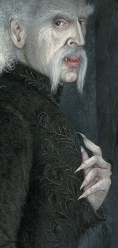 a painting of a man with white hair and beard wearing a black outfit, holding his hand to his chest