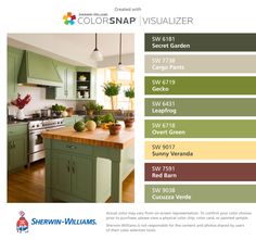 the color scheme for this kitchen is green and has brown, yellow, red, and white