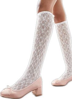 Fitted White Mid-calf Stockings, Fitted White Mid-calf Socks, White Knee-high Hosiery For Spring, White Stretch Party Socks, Fitted White Socks With Lace Trim, White Knee-high Stockings For Spring, White Stretch Lace Hosiery, Spring Footless Fitted Stockings, Fitted Footless Stockings For Spring