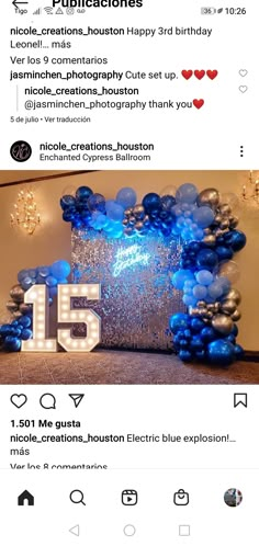 an instagramted photo with balloons and the number fifteen on it's screen