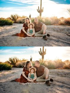 a family sitting in the desert with their child