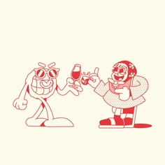 two cartoon characters holding up wine glasses