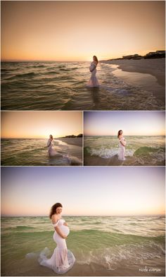 a pregnant woman standing in the ocean at sunset