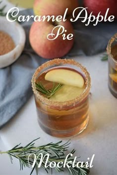 caramel apple pie mocko cocktail with rosemary garnish on the rims