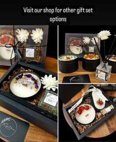 four different views of various items in a gift box, including flowers and soaps