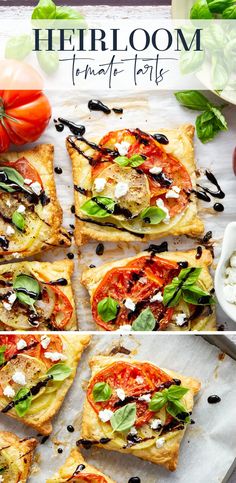 several slices of pizza on top of each other with basil and mozzarella toppings