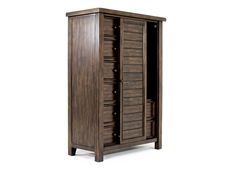 a tall wooden cabinet with drawers on the top and bottom shelves, all in dark wood