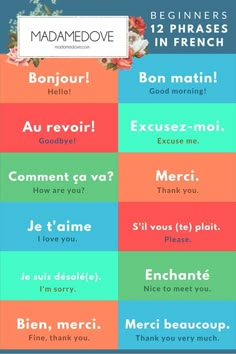 the french words in different languages are shown with flowers on them and an orange, blue,