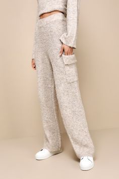 Set the tone for a cozy afternoon with the Lulus Signature Sunday Heather Beige Knit Sweater Pants! Fuzzy sweater knit (with a heathered effect throughout) shapes these lounge-ready pants that have a stretchy banded waist and wide legs with trendy, cargo-inspired pockets at the sides. Pair with the matching top for a complete look! Fit: This garment fits true to size. Length: Floor length. Size medium Inseam: 30.25 Front Rise: 11.25 Waist: Fitted - elastic waist allows stretch. Hip: Fitted - str Wide Leg Sweater Pants, Beige Knit Sweater, Cozy Afternoon, Cozy Clothes, Knit Lounge Set, Lulu Fashion, Fuzzy Sweater, Cozy Outfit, Pants Wide Leg