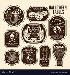 halloween labels with pumpkins, bats and other items for the holiday season in vintage style