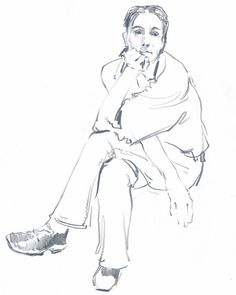 a black and white drawing of a man with his hand on his chin sitting down