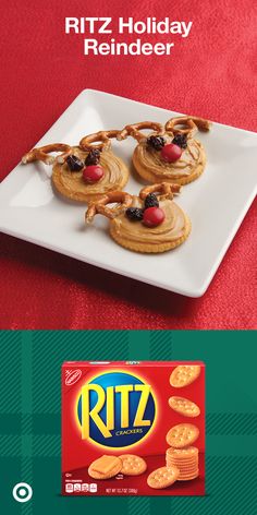 a white plate topped with cookies and pretzels next to a box of ritz holiday reindeer crackers