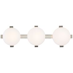 three light bathroom fixture with white glass globes on the top and silver metal frame