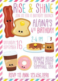 a birthday party poster with food and drinks on it, including coffee, donuts, bacon