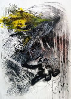 an abstract painting with black, yellow and white colors