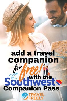 a man and woman standing next to each other with the text, add a travel companion for free with the southwest companion pass