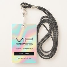 a lanyard with a name tag attached to it on a white background and a black cord