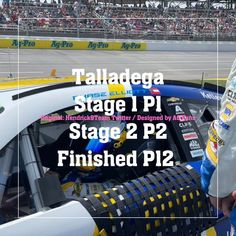 a man standing in front of a race car with the words talladega stage 1pl stage 2 p2 finished