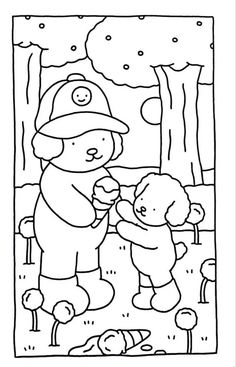 a coloring book page with a bear and fireman in the woods, holding a teddy bear