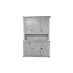 a white cabinet with drawers and cupboards on the bottom, in front of a white background