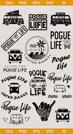 various types of logos and stickers on a wooden background with the words pogue life