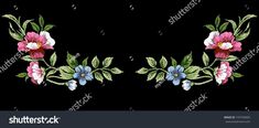 embroidered flowers and leaves on black background with space for your text or image in the center