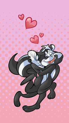 a cartoon cat hugging another cat with hearts floating above