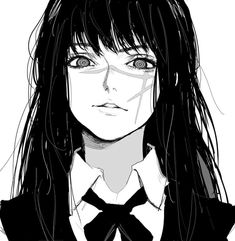 a black and white drawing of a girl with long hair wearing a tie, looking at the camera