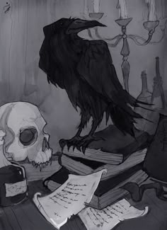 a drawing of a crow sitting on top of a pile of books next to a skull