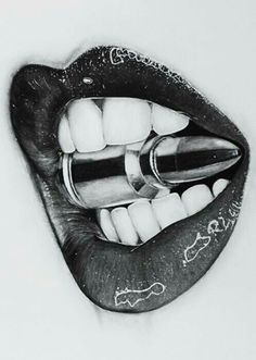 a black and white drawing of a mouth with toothbrushes in it's mouth