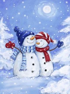 two snowmen standing next to each other in front of a blue sky with stars