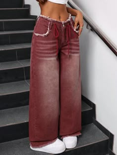 Women's Fashionable Loose Long Denim Pants With Frayed Lace-Up Waistband Red Casual   Denim Plain Wide Leg Non-Stretch  Women Clothing, size features are:Bust: ,Length: ,Sleeve Length: Cheap Pants For Women, Fancy Pants Outfit, Long Denim Pants, Baggy Pants Women, Baggy Jeans For Women, Street Style Outfits Casual, Lace Jeans, Maxi Pants