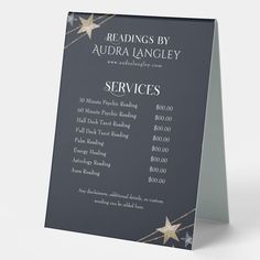 a black and white flyer with gold stars on the front, reads readings by audra langley