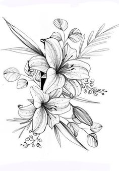 a drawing of some flowers on a white background with black and white lines in the middle