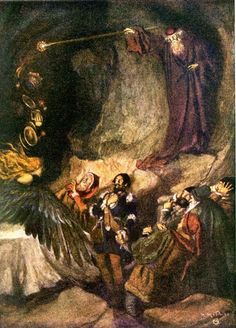 Prospero creating the banquet. The Tempest Art, The Merchant Of Venice, King Lear, Shakespeare Plays, Pre Raphaelite, Black And White Illustration