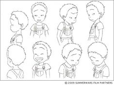 some cartoon faces with different facial expressions and haircuts, all in black and white