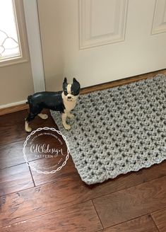 a small dog is standing on the floor next to a crocheted rug in front of a door