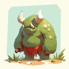 an illustration of a green monster with horns and claws on his head, standing in the grass