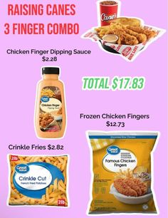 the menu for chicken fingers and other frozen foods is shown in this advertment