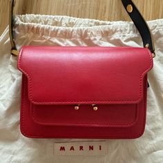 Marni Mini Trunk Leather Bag In Good Condition, Details Shown As The Pictures And The Video. Comes With The Dust Bag. Red Travel Bag With Brass Hardware, Red Shoulder Bag With Brass Hardware For Everyday Use, Marni Bag, Mini Bags, Mini Bag, Trunk, Leather Bag, Dust Bag, Bag Lady