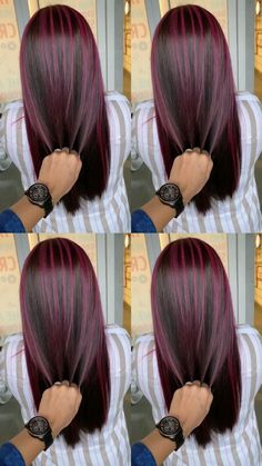 Cool Hair Color 2023, Burgandy Hair Color Highlights, Bergandi Color Hair, Bargandi Hair Colors, Burgandy Hair With Highlights Fall, Black Hair Peekaboo, Burgundy Peekaboo Hair, Color For Black Hair, Hair Color Ideas Trendy