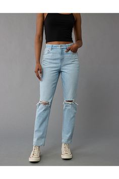 Stretchy at the waist, rigid everywhere else./Light wash/Ripped American Eagle Jeans Ripped, Cute Mom Jeans, Rip Mom, Aerie Bras, Ripped Mom Jeans, Ae Jeans, Jeans Ripped, Mom Jean, Graphic Tops