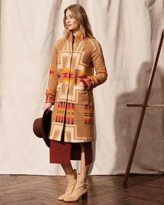 Womens harding tan blanket coat made in the USA - Your Western Decor Pendleton Jacket, Pendleton Woolen Mills, Blanket Coat, Camping Blanket, Pattern Matching, Western Decor, Jacquard Fabric, Long Coat, Wool Coat