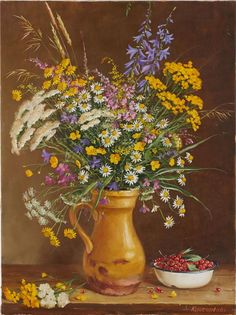 an oil painting of flowers in a vase and bowl on a table next to a wall