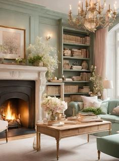 a living room filled with furniture and a fire place in front of a book shelf