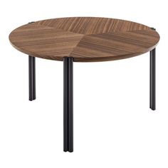 a round wooden table with black metal legs