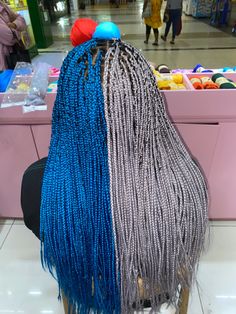 Split Colored Box Braids, Half Colored Box Braids, Half Black Half White Box Braids, Half And Half Hair Color Box Braids, Split Hair Color Box Braids, Half And Half Box Braids Color, Half And Half Braids, Black And White Box Braids Mixed, Light Blue And Dark Blue Box Braids