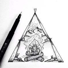 a drawing of a campfire with mountains in the background and a pen resting on top