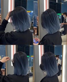 Gray Blue Ombre Hair, Blue Hair Color For Short Hair, Multi Color Hair Dye Techniques For Short Hair, 2 Tone Blue Hair, Short Hair Blue Color, Fun Dyed Hair For Brunettes, Moonlight Hair Color, Outfits For Blue Hair, Blue And Black Hair Short