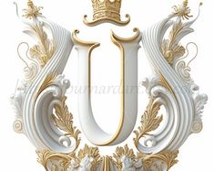 the letter u with a crown on top is surrounded by ornate gold and white designs